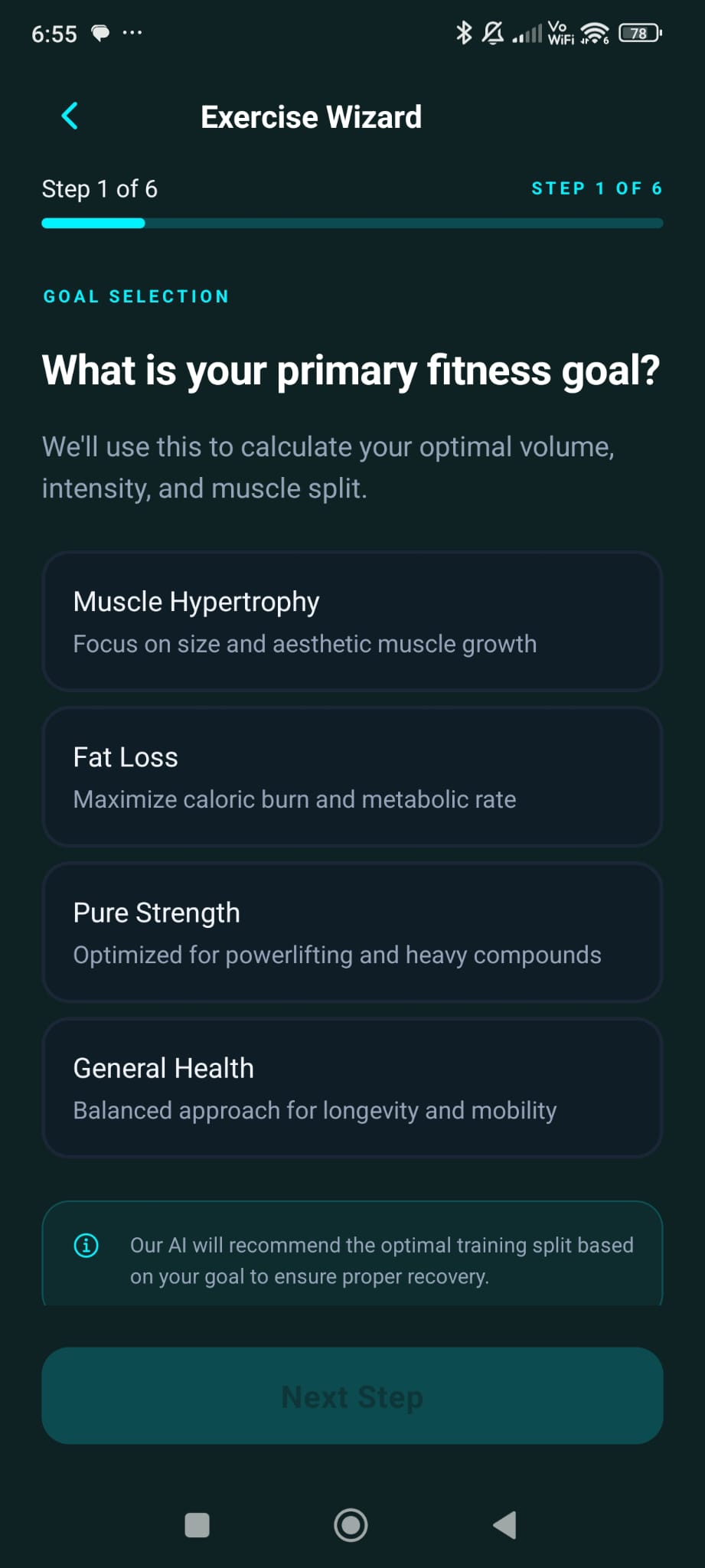 Exercise Wizard — Goal Selection